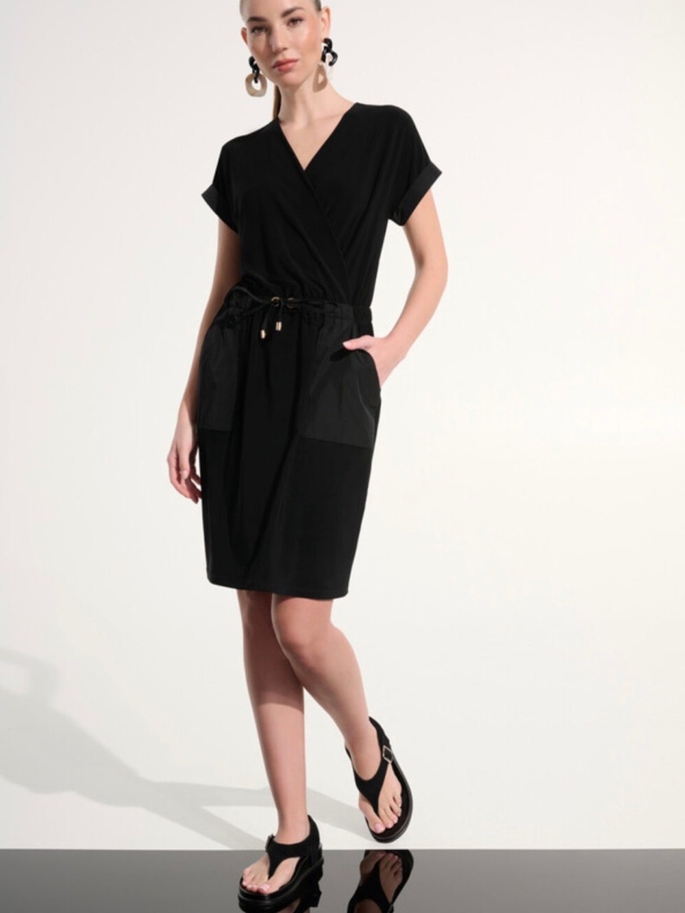NWT Joseph Ribkoff Black V-Neck Drawstring Pocket Dress